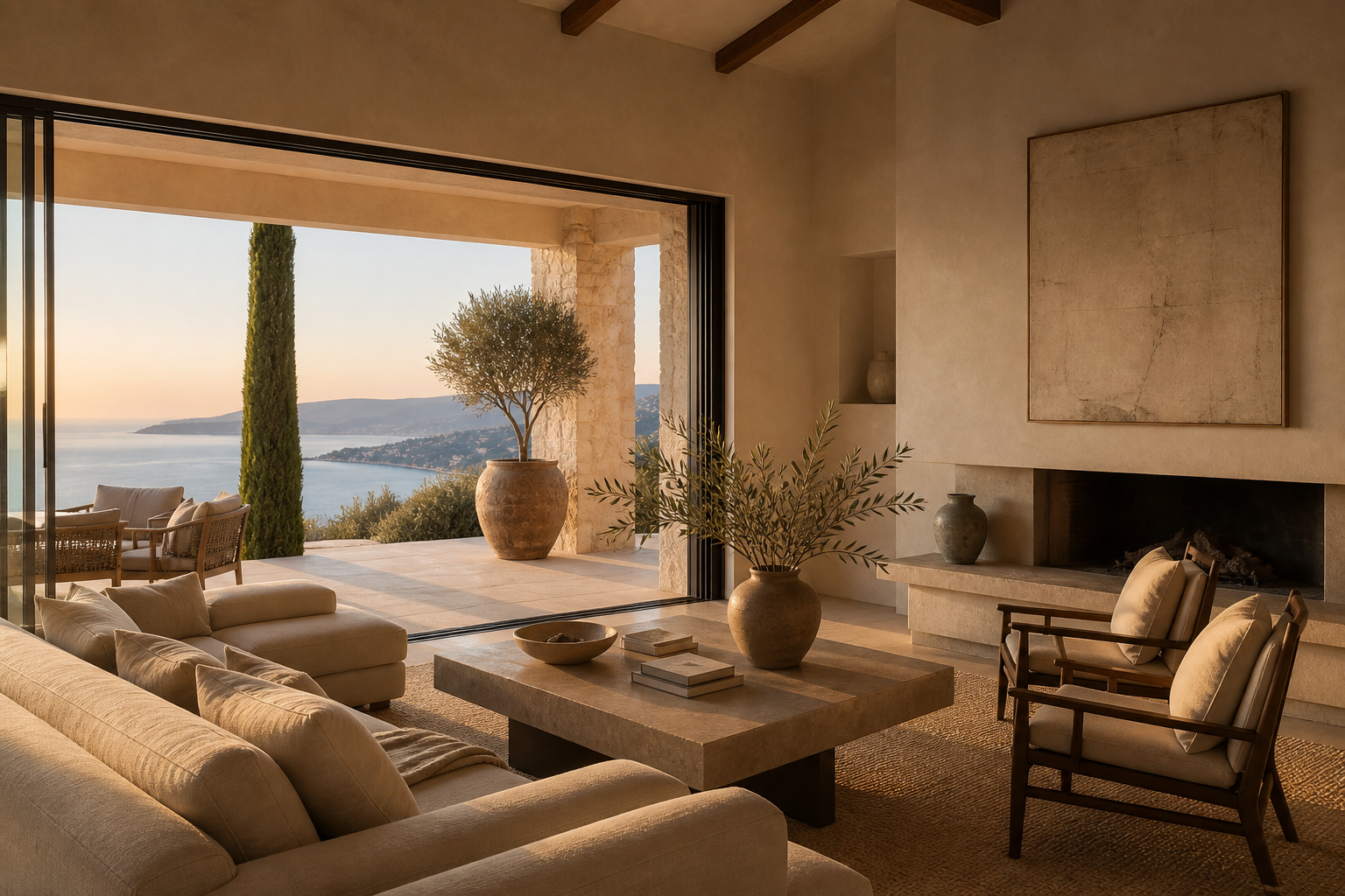 Villa living room with coastal views